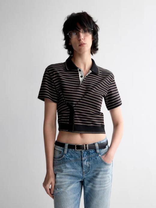 出逃赤岗西/25SST136/复古330g全棉色织条纹短款短袖T恤 商品图2