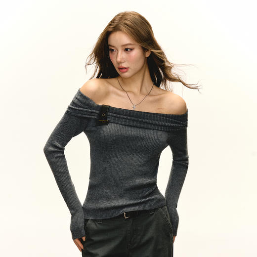 Ariseism 美式复古一字肩针织上衣女2025春秋新款修身内搭打底衫 商品图0