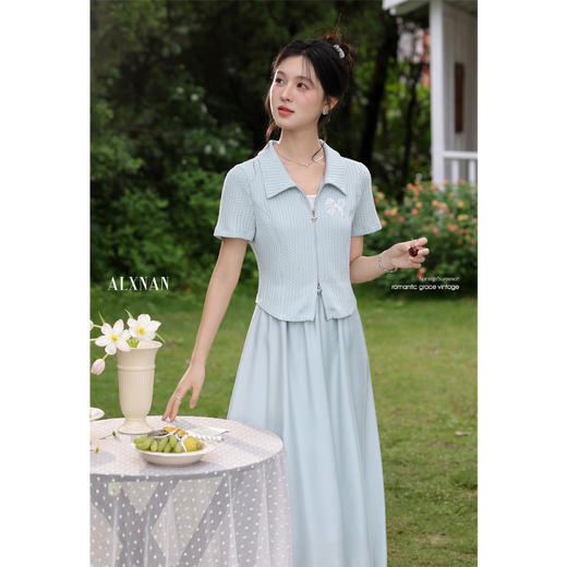 鹿向南「慵懒假日」蓝色假两件短袖连衣裙夏季新款气质时尚长裙女 商品图2