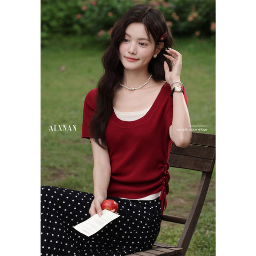 鹿向南「绯红絮语」红色假两件拼接修身显瘦T恤上衣女夏日常百搭 商品图4