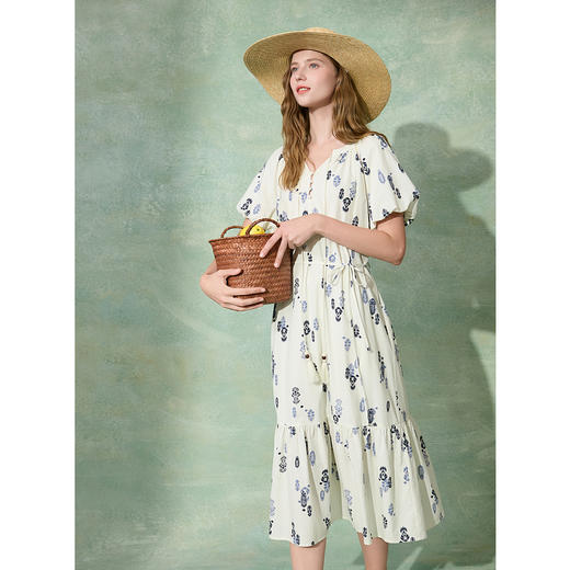 【100棉】三彩2025夏季新款印花连衣裙宽松流苏系带A字长裙大摆M 商品图1