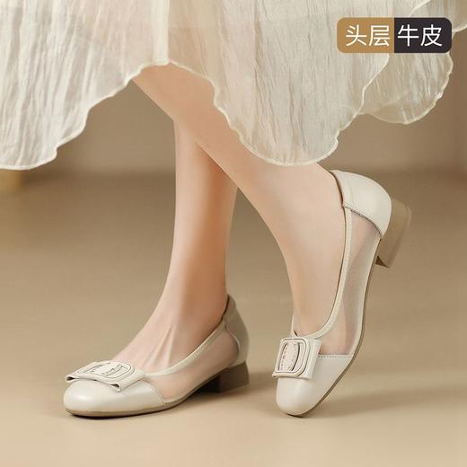 ZHR则则头层牛皮真皮透气网纱镂空浅口粗跟单鞋2025新款百搭女鞋 商品图3