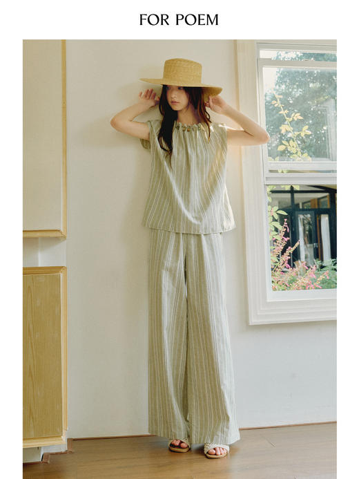 ForPoem 现货 25/SS原创设计棉麻条纹串珠连肩短袖宽松上衣 商品图3