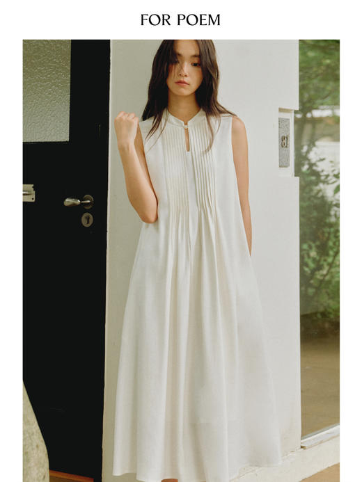 ForPoem 现货 25/SS原创设计天丝亚麻串珠中式风琴褶连衣裙 商品图0