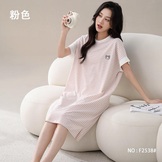 雀说纯棉睡裙女夏季短袖中长裙休闲条纹家居服女新款薄款可外穿睡衣女AL2538 商品图5