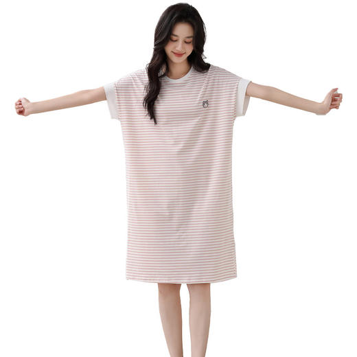 雀说纯棉睡裙女夏季短袖中长裙休闲条纹家居服女新款薄款可外穿睡衣女AL2538 商品图3