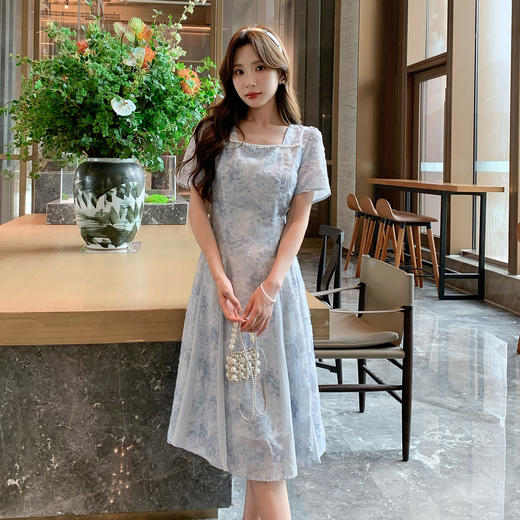 奢姿大码女装2025夏季气质方领设计连衣裙胖妹妹提花拼接时尚裙子9952822080 商品图4