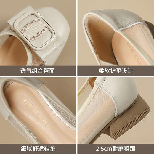 ZHR则则头层牛皮真皮透气网纱镂空浅口粗跟单鞋2025新款百搭女鞋 商品图4