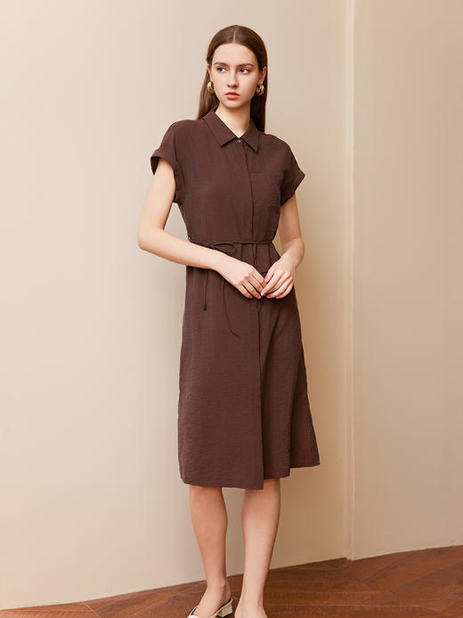 【莱赛尔+棉+麻衬衫裙】25年夏季新品女士中长款单排扣系带收腰裙子 商品图0