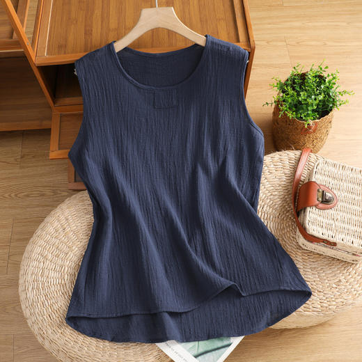 TZW-复古压皱棉麻背心女宽松拼接内搭T恤 商品图3