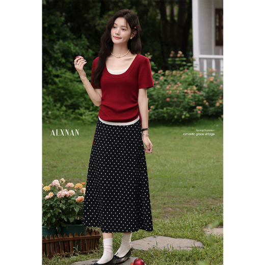 鹿向南「绯红絮语」红色假两件拼接修身显瘦T恤上衣女夏日常百搭 商品图2