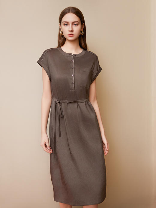 【亚麻+桑蚕丝系带连衣裙】25年夏季新款女士圆领短袖中长款收腰连衣裙 商品图0