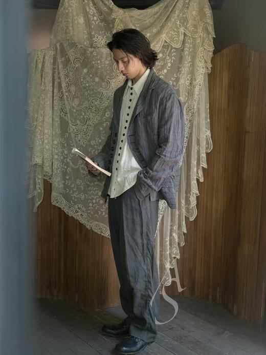 John Alexander Skelton灰棕条纹意织棉麻FILIGREE长裤 商品图4