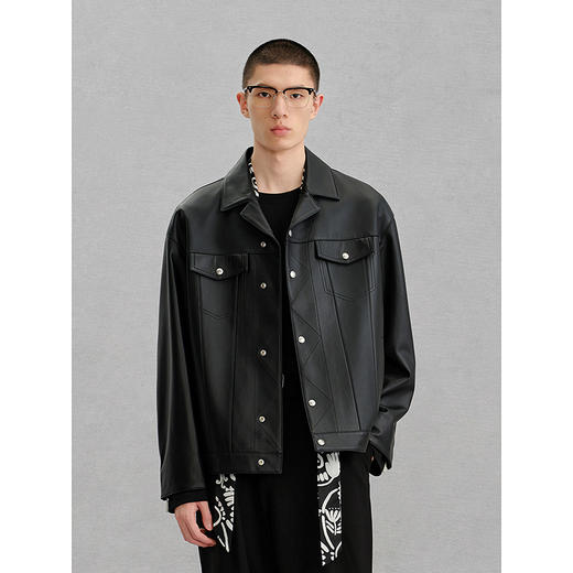 GXG男装 黑色真皮皮衣夹克男外套24冬季热卖夹克 G24X124001 商品图2