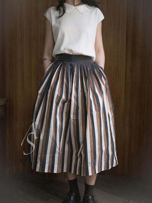 Casey Casey 黑茶条纹塔夫绸褶皱半裙 商品图2