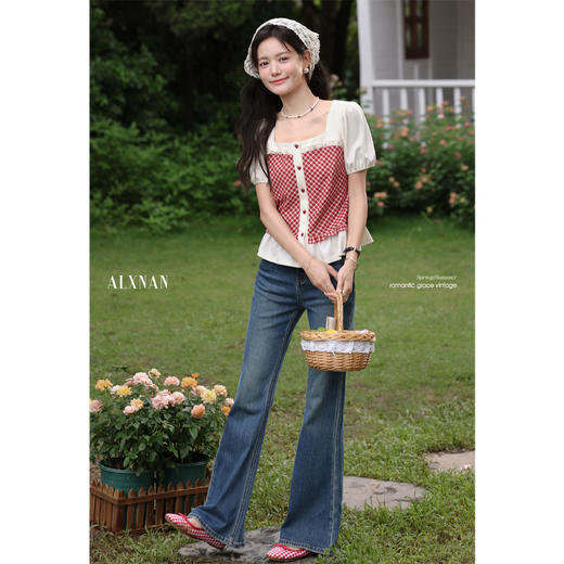 鹿向南「浆果画布」方领正肩假两件红色格子T恤拼接短袖上衣女夏 商品图2