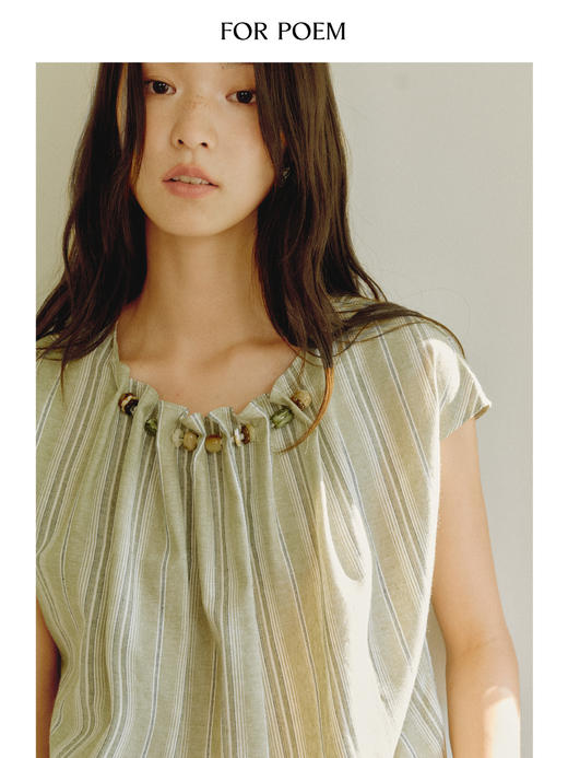 ForPoem 现货 25/SS原创设计棉麻条纹串珠连肩短袖宽松上衣 商品图0
