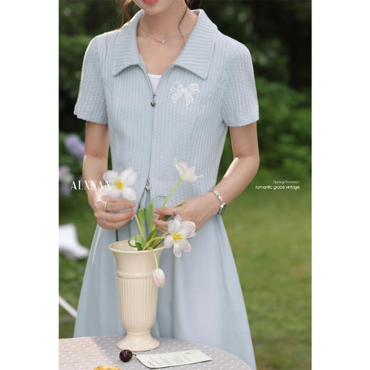 鹿向南「慵懒假日」蓝色假两件短袖连衣裙夏季新款气质时尚长裙女 商品图3