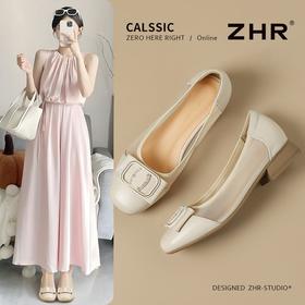 ZHR则则头层牛皮真皮透气网纱镂空浅口粗跟单鞋2025新款百搭女鞋