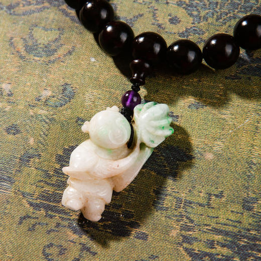 清代紫檀家具老料制手持(直径1.2厘米，配老翡翠童子、海蓝宝、碧玉、雪花幽灵、紫水晶) 商品图5