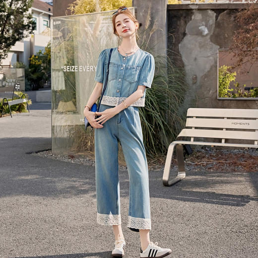 2025夏季新款蕾丝花边拼接牛仔外套休闲显瘦九分裤两件套装YF2568 商品图3