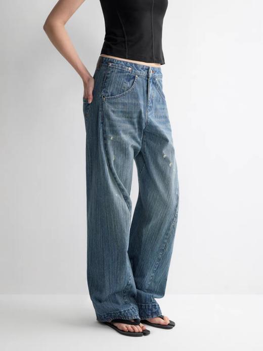 出逃赤岗西/25SSN91/微弯刀竖竹纯棉破洞洗水低腰阔腿牛仔长裤 商品图0