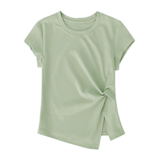 「自」全新升级【铂金会员109/天猫139/差价30】(10208)洛诗琳设计感扭结显瘦圆领T恤2025年新款纯色不规则开叉上衣 商品图3