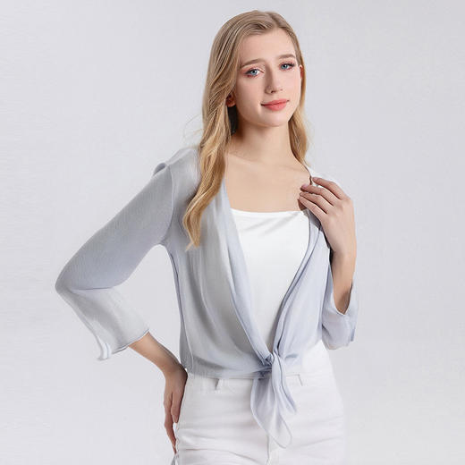 丁摩新款桑蚕丝网眼针织披肩防晒衣女真丝薄款七分袖外搭小外套夏AL25014 商品图4