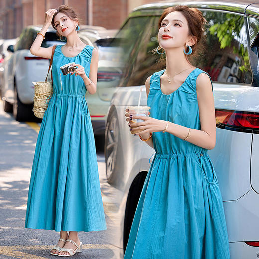 时尚蓝色无袖背心连衣裙，今年流行显瘦气质长裙子HR-BX6011 商品图4