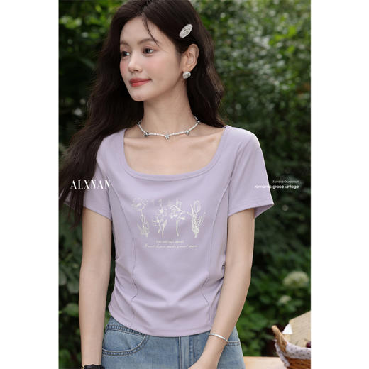 鹿向南「若影花现」气质方领紫色修身正肩短袖女t恤夏季独特上衣L56052 商品图0