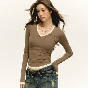 Ariseism 美式复古撞色V领长袖t恤女2025春秋新款修身打底上衣