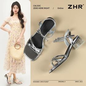 ZHR则则高级感银色蝴蝶结凉鞋法式一字带凉鞋款水晶粗跟凉鞋仙女