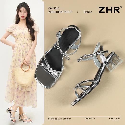 ZHR则则高级感银色蝴蝶结凉鞋法式一字带凉鞋款水晶粗跟凉鞋仙女 商品图0
