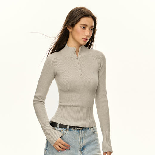 Ariseism 半高领纽扣针织长袖上衣女2025春秋新款修身内搭打底衫 商品图1