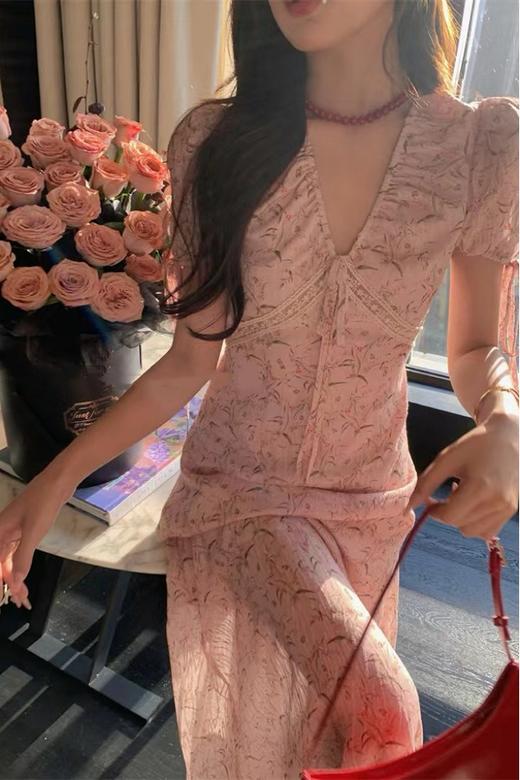 ANSUABEL 韩系粉色V领印花连衣裙 20504 商品图1