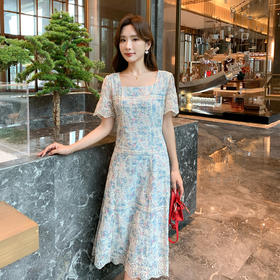 奢姿大码女装2025夏季法式高级方领重工长裙掐腰显瘦短袖连衣裙9952802186