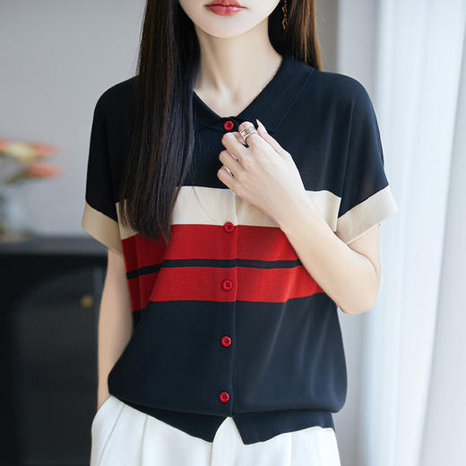 翻领条纹短袖t恤，洋气短款冰丝针织上衣CC-JY-NSY009 商品图3