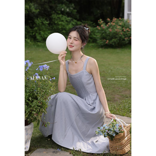 鹿向南「蓝露花园」浅蓝色打条设计感连衣裙开衫套装女夏清新减龄 商品图3