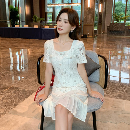 奢姿大码女装2025夏季气质方领镂空连衣裙胖妹妹小香风百褶仔裙子9952869755 商品图2