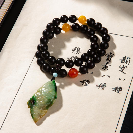 清代紫檀家具老料制手持(直径1.2厘米，配老翡翠鱼、南红、蜜蜡、海纹石) 商品图8