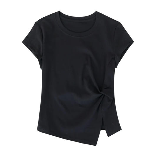 「自」全新升级【铂金会员109/天猫139/差价30】(10208)洛诗琳设计感扭结显瘦圆领T恤2025年新款纯色不规则开叉上衣 商品图2