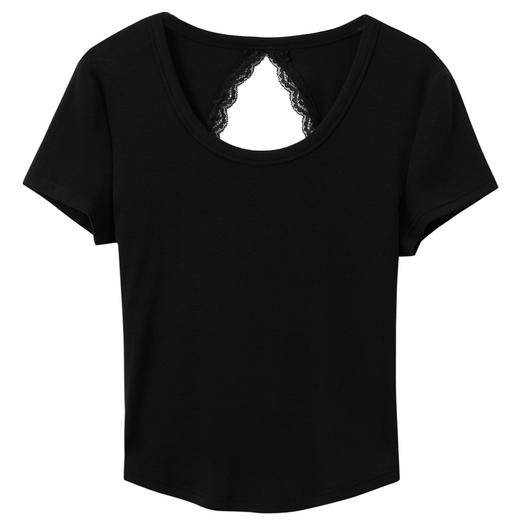 三彩2025夏季新款镂空花边T恤修身短款圆领正肩短袖套头衫上衣M 商品图4