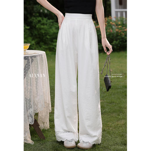 鹿向南「白调清风」气质杏白色直筒花边休闲裤女夏季薄款百搭长裤 商品图1