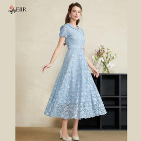 司歌蕾丝收腰连衣裙翻领腰带长裙A911135X