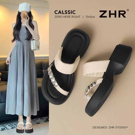 ZHR则则厚底增高拖鞋夹趾人字拖外穿2025夏新款海边水钻沙滩凉鞋 商品图1