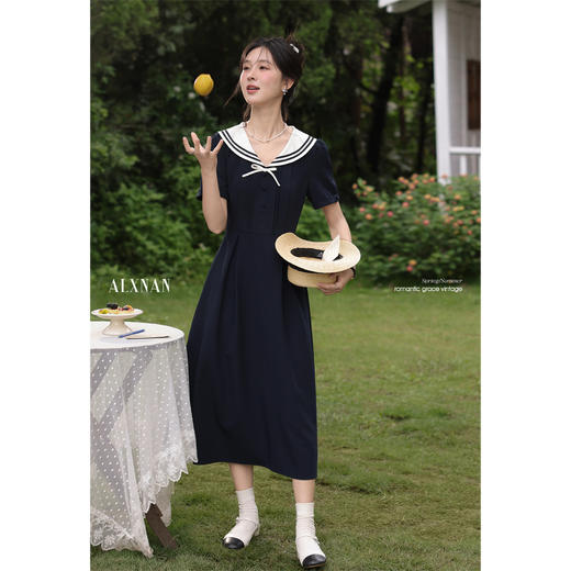 鹿向南「月白风清」藏蓝色海军领连衣裙女夏气质法式短袖长款裙子 商品图2