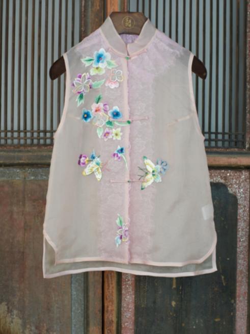 盛唐牡丹|真丝绡手绣马甲-淡粉色 商品图0