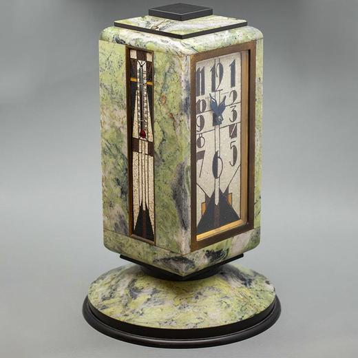 独角鹿西洋古董瑞士珠宝钟表世家古柏林Gübelin签名出品装饰艺术风格绿色玛瑙嵌黄铜及珐琅四面座钟 商品图2