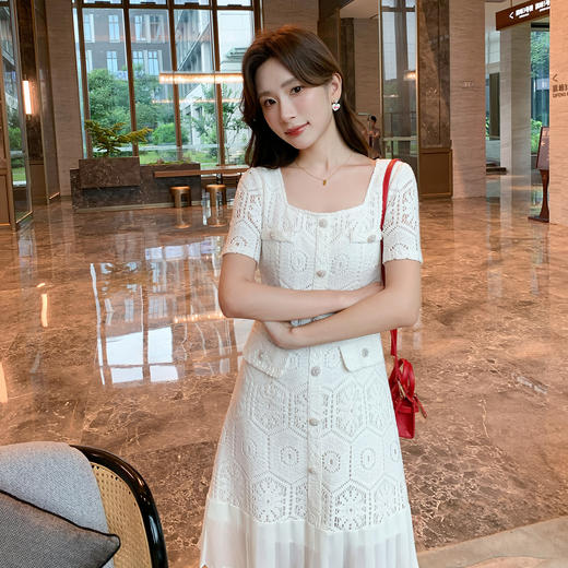 奢姿大码女装2025夏季气质方领镂空连衣裙胖妹妹小香风百褶仔裙子9952869755 商品图1