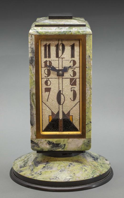 独角鹿西洋古董瑞士珠宝钟表世家古柏林Gübelin签名出品装饰艺术风格绿色玛瑙嵌黄铜及珐琅四面座钟 商品图0